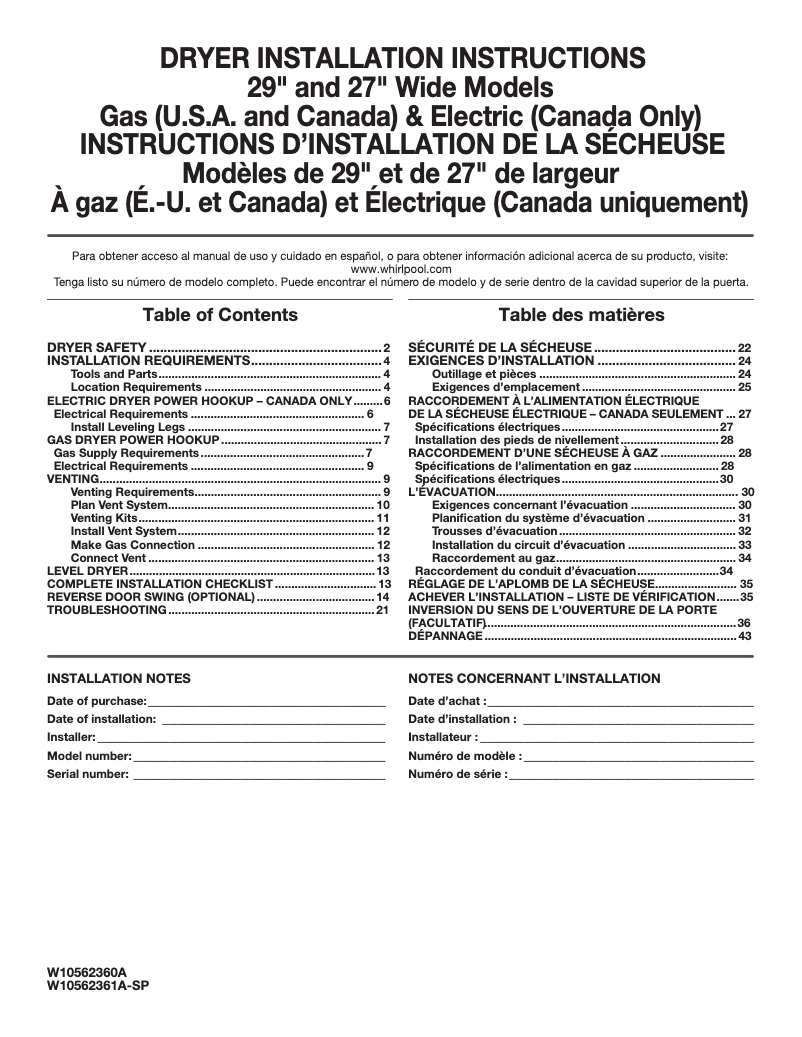 Page 1 de la notice Guide d'installation Whirlpool WGD5000DW