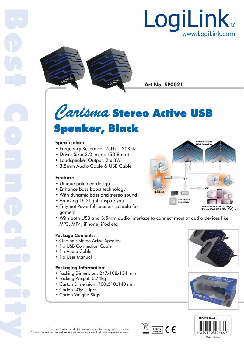 Page 1 de la notice Manuel utilisateur LogiLink Stereo Active Speaker SP0021