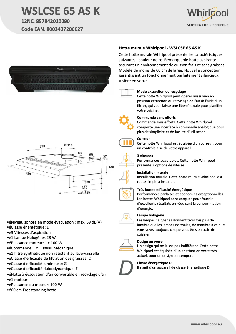 Page 1 de la notice Fiche technique Whirlpool WSLCSE 65 AS K