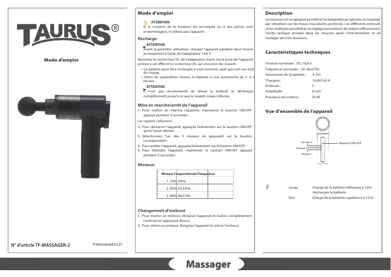 Page 1 de la notice Manuel utilisateur Taurus Massager