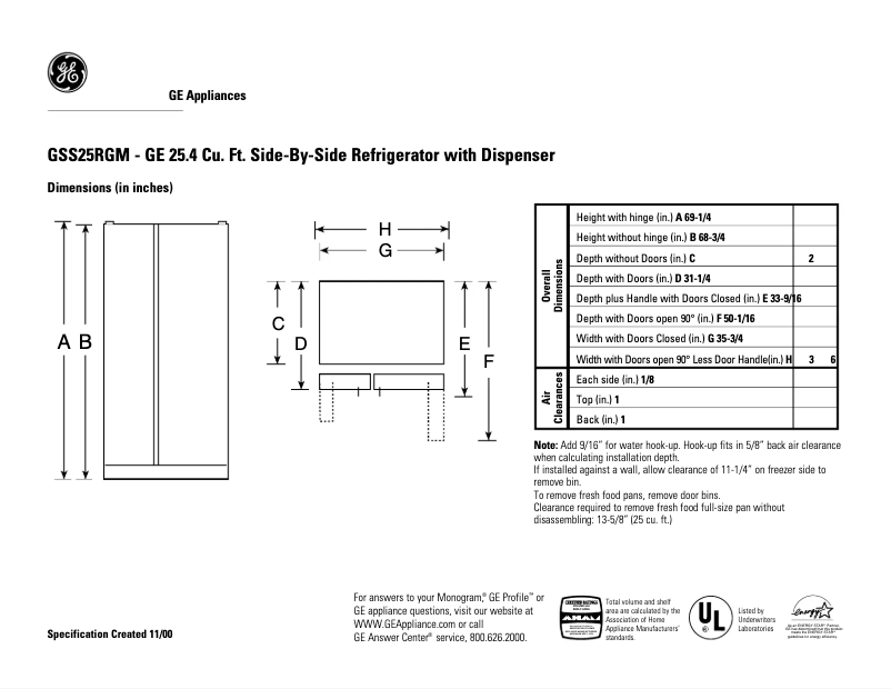 Page 1 of the manual Technical Sheet GE GSS25RGMBB