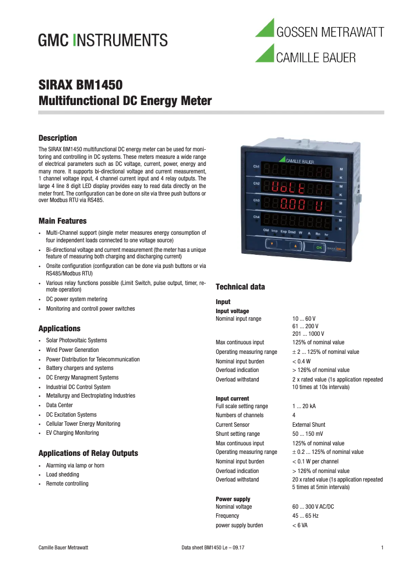 Page 1 de la notice Fiche technique Camille Bauer SIRAX BM1450