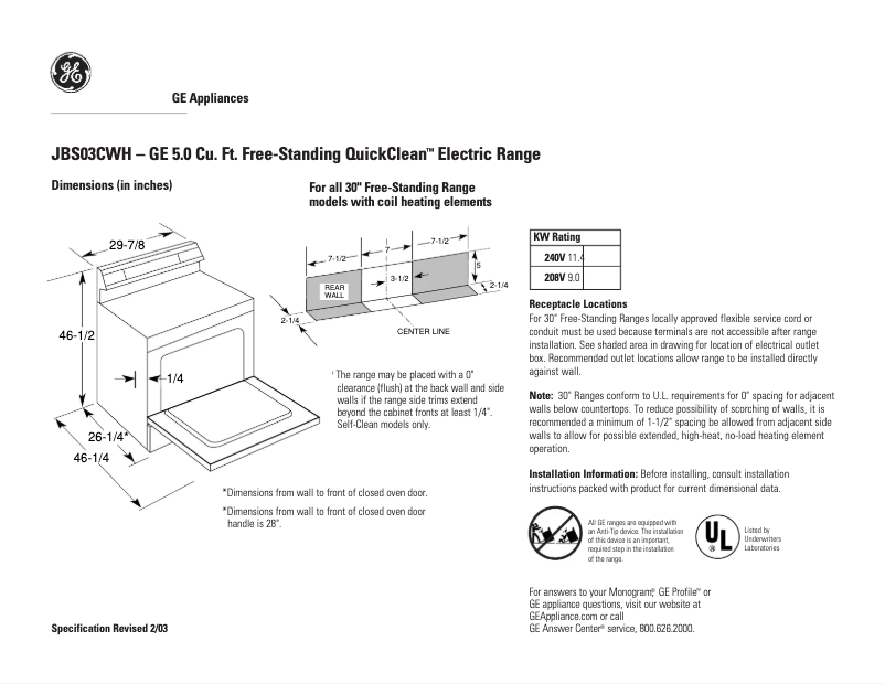 Page 1 de la notice Fiche technique GE JBS03CWH