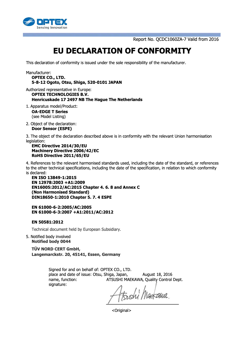 Page 1 de la notice Manuel utilisateur Optex OA-Edge T