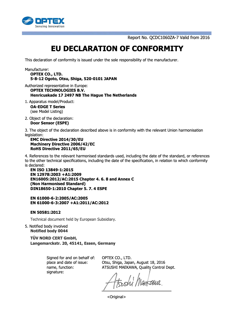 Page n°1 - Manuel utilisateur Optex OA-Edge T