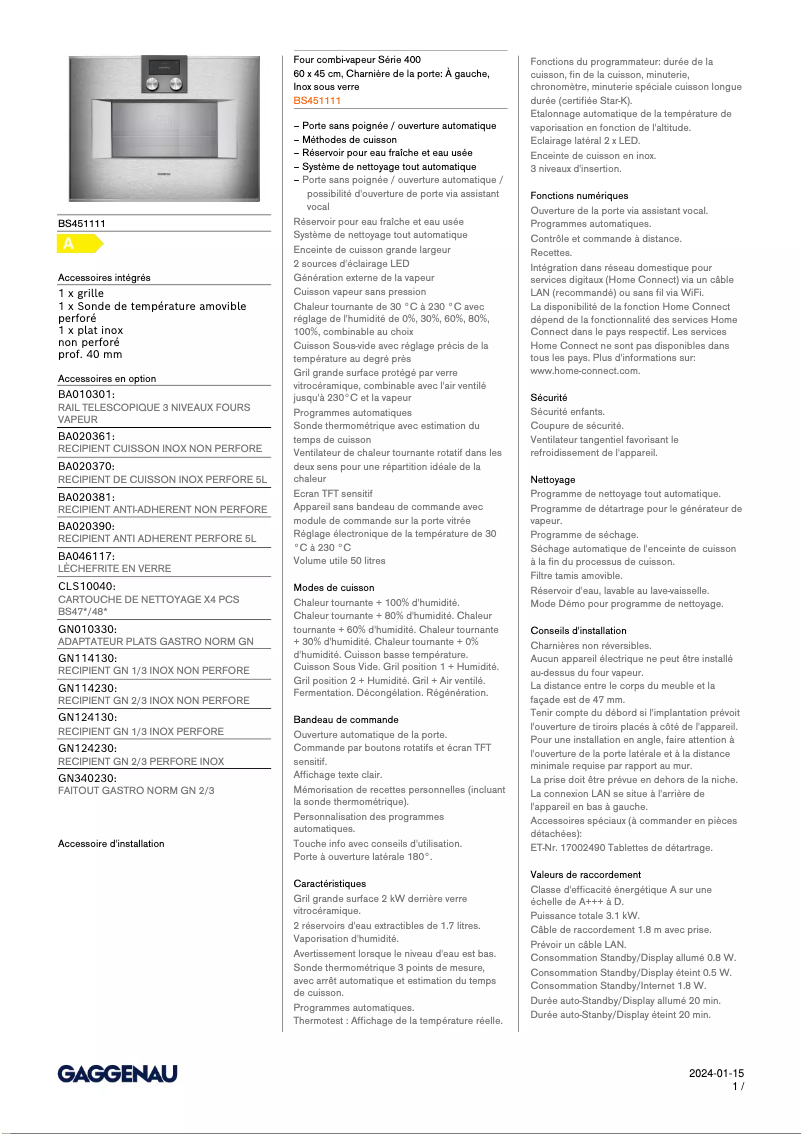 Página 1 del manual Ficha técnica Gaggenau BS451111