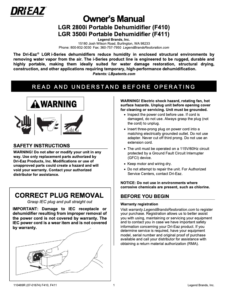 Page 1 de la notice Manuel utilisateur Dri Eaz LGR 3500i