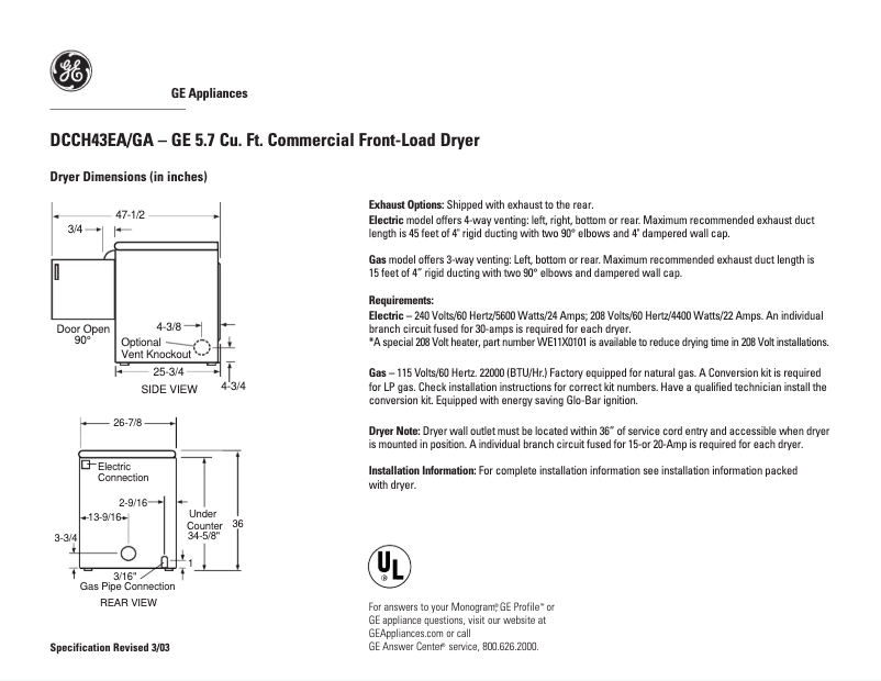 Page 1 of the manual Technical Sheet GE DCCH43GAWW