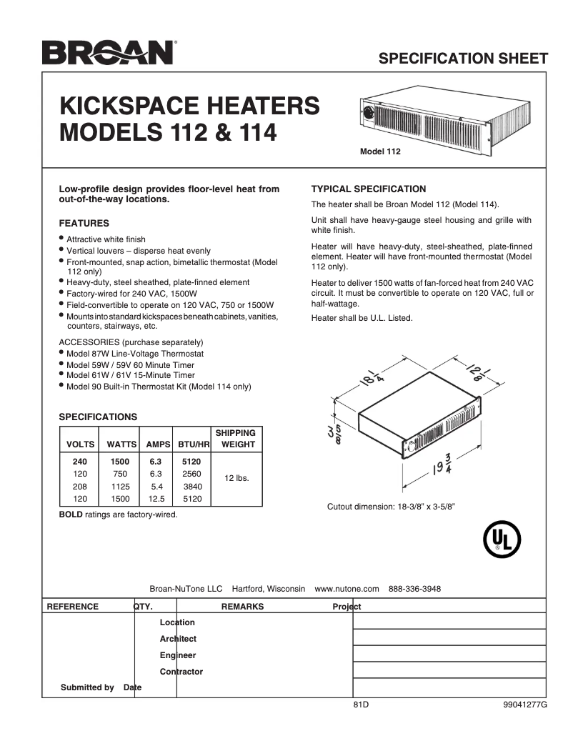 Page 1 de la notice Fiche technique Broan 112