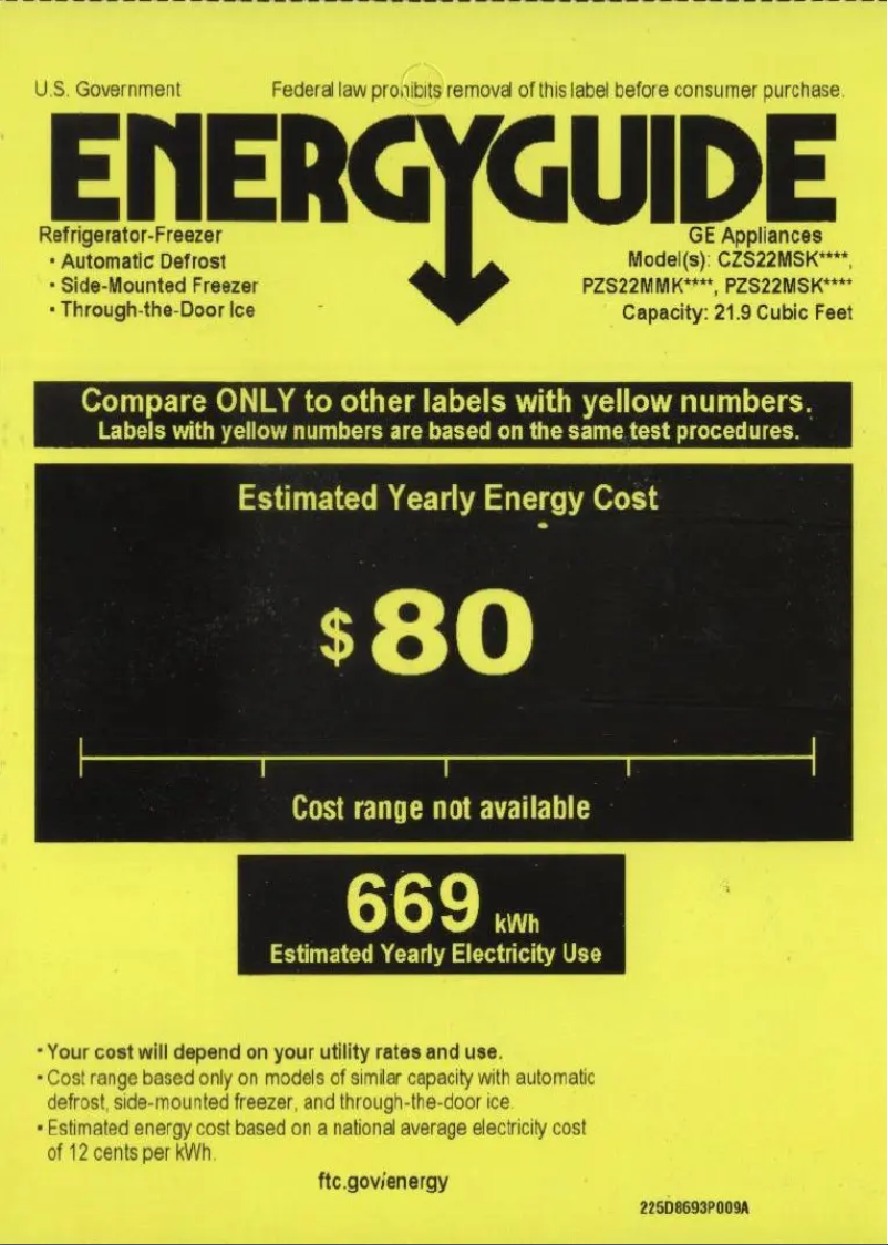 Page 1 de la notice Label énergétique GE PZS22MSKSS