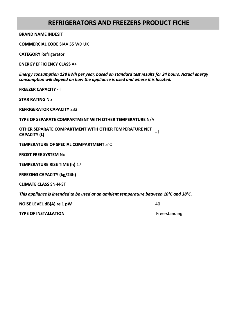 Page 1 de la notice Manuel utilisateur Indesit SIAA 55 WD UK