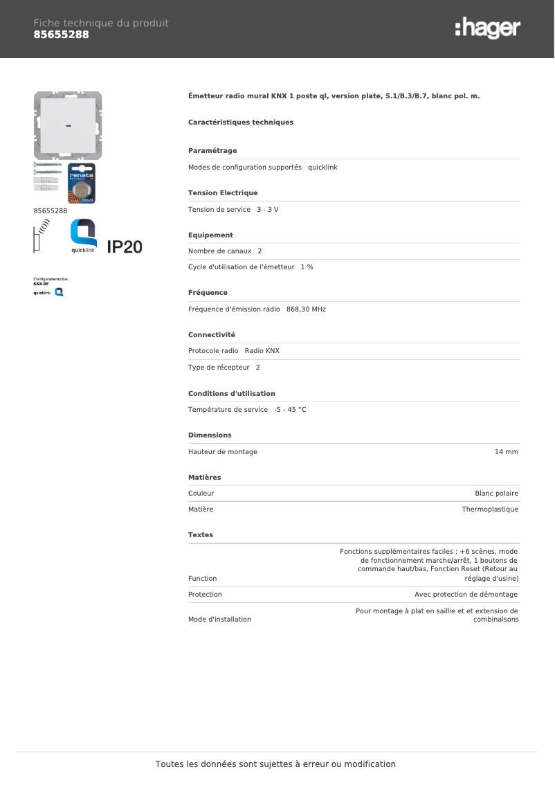 Page n°1 - Fiche technique Hager 85655288