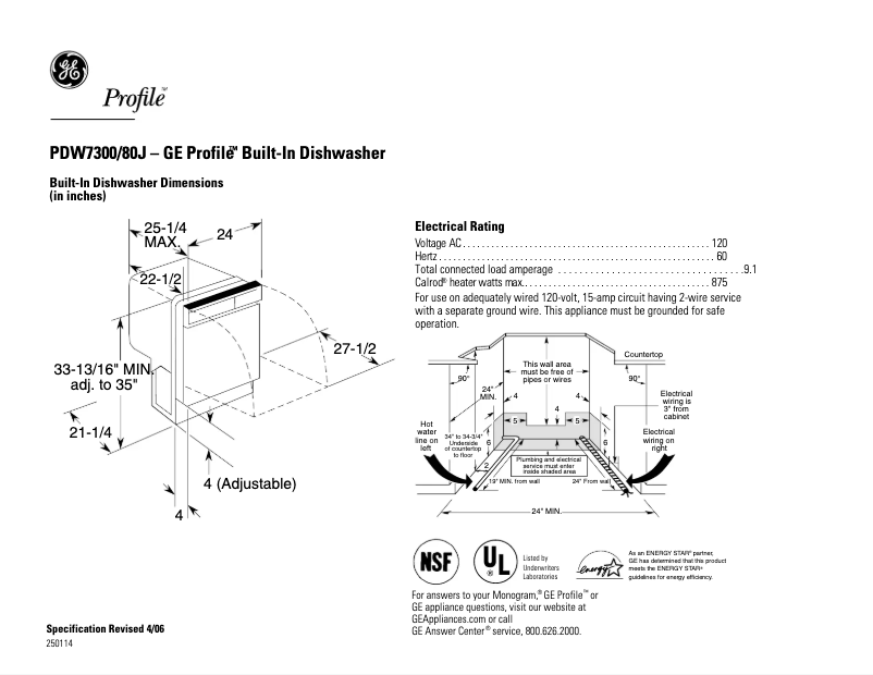 Page 1 de la notice Fiche technique GE Profile PDW7380JSS