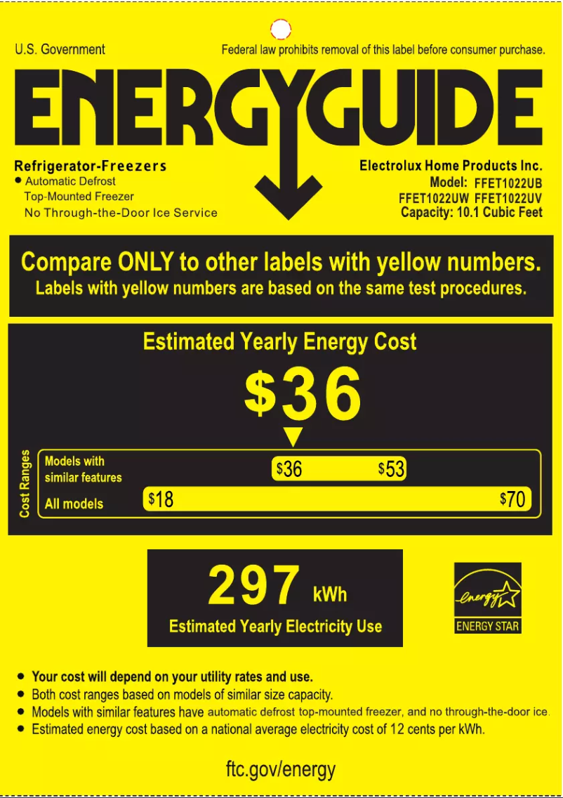 Página 1 del manual Etiqueta energética Frigidaire FFET1022UB