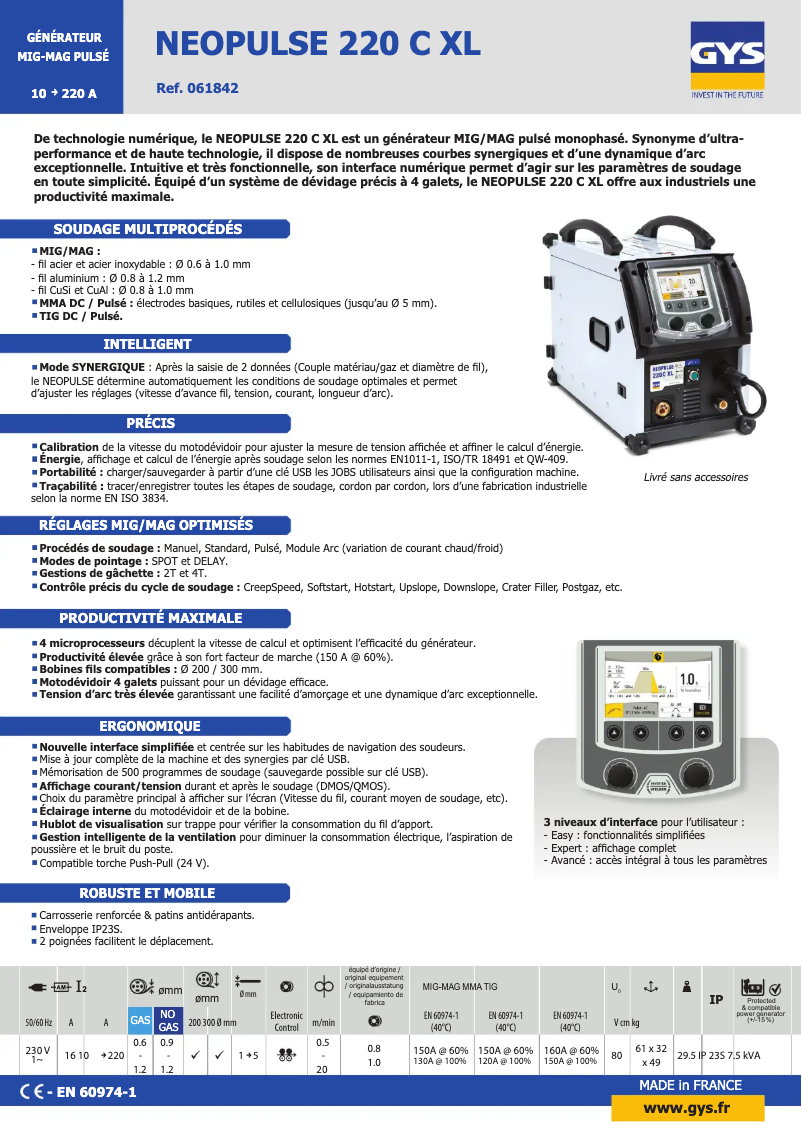 Página 1 del manual Ficha técnica GYS Neopulse 220 C XL