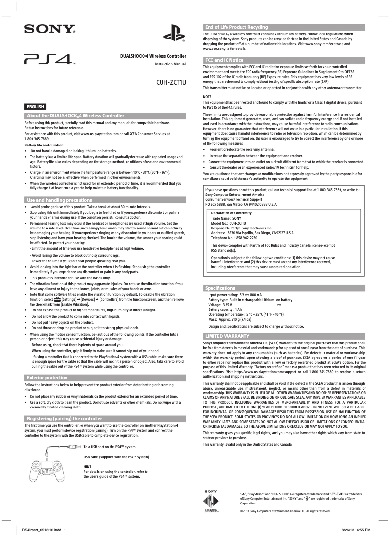 Page 1 de la notice Manuel utilisateur Sony PS4