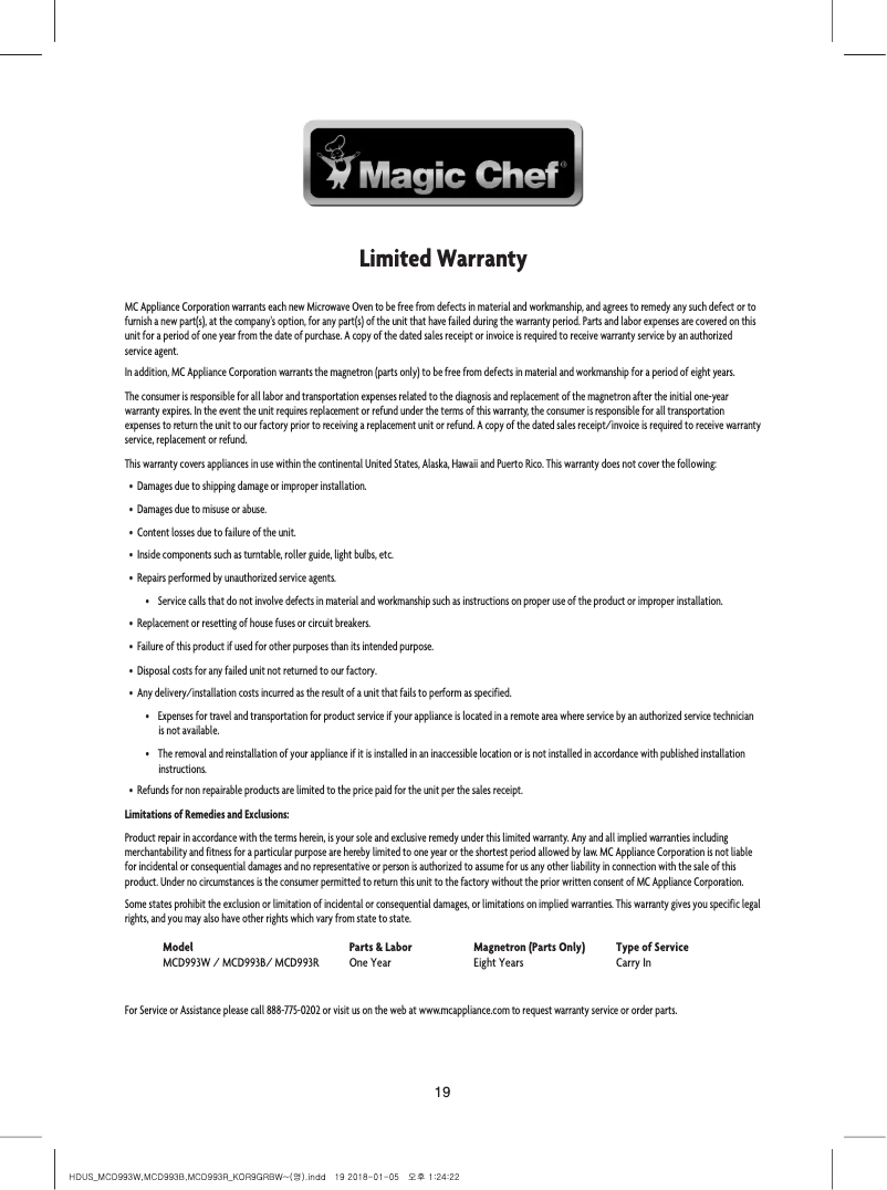 Page 1 de la notice Informations de garantie Magic Chef MCD993W
