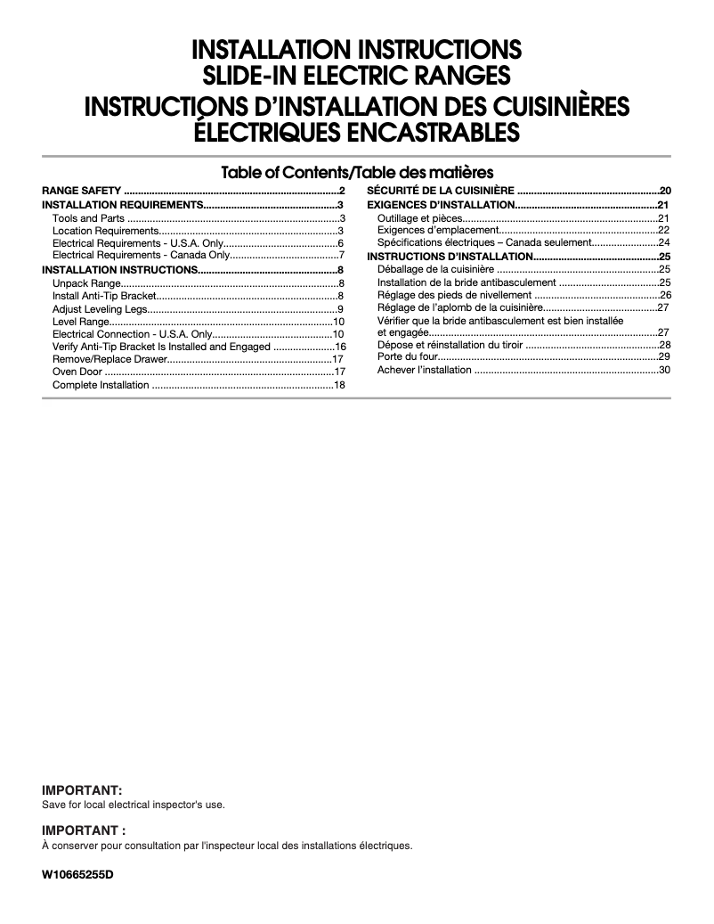 Page n°1 - Guide d'installation Maytag MES8800FZ