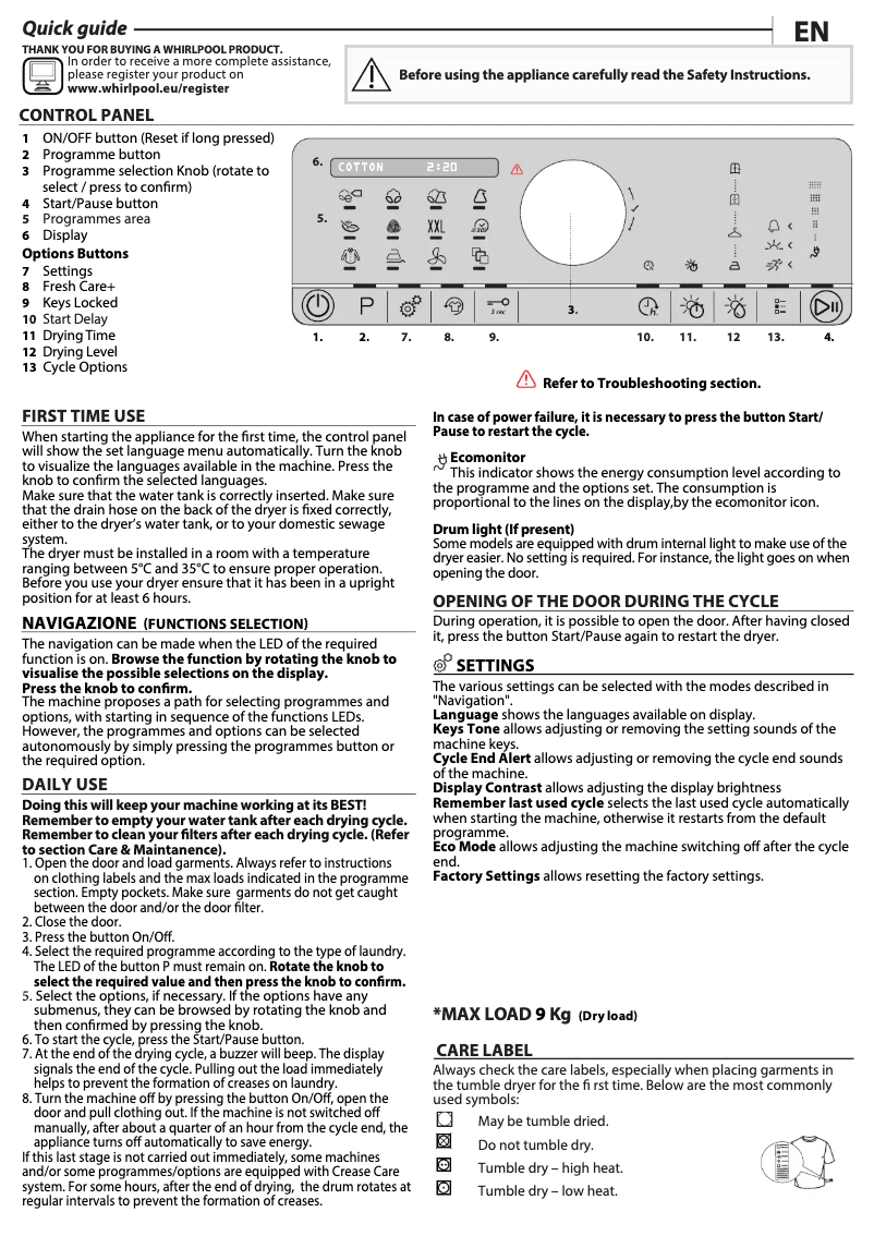 Página 1 del manual Manual de usuario Whirlpool AWZ9HP/PRO