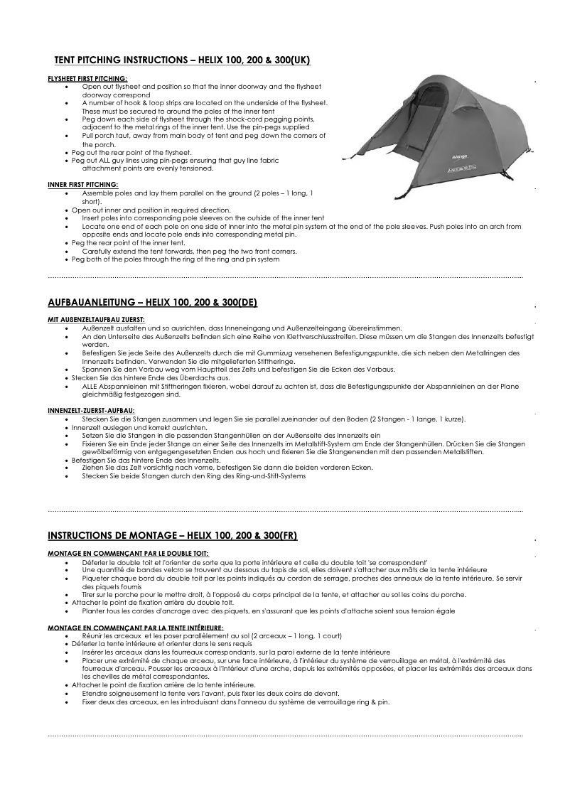 Page n°1 - Manuel utilisateur Vango Helix 100