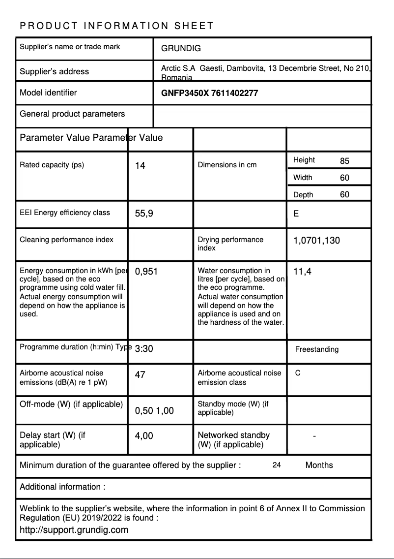 Page 1 de la notice Fiche technique Grundig GNFP3450X