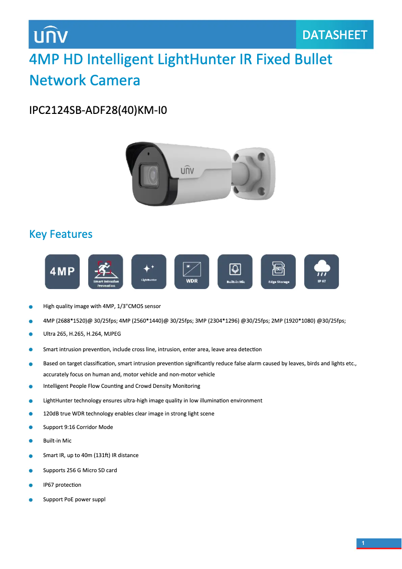 Page 1 de la notice Fiche technique UniView IPC2124SB-ADF28(40)KM-I0