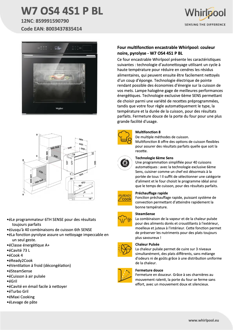 Página 1 del manual Ficha técnica Whirlpool W7 OS4 4S1 P BL