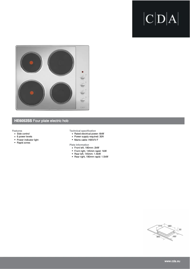 Page n°1 - Fiche technique CDA HE6052SS