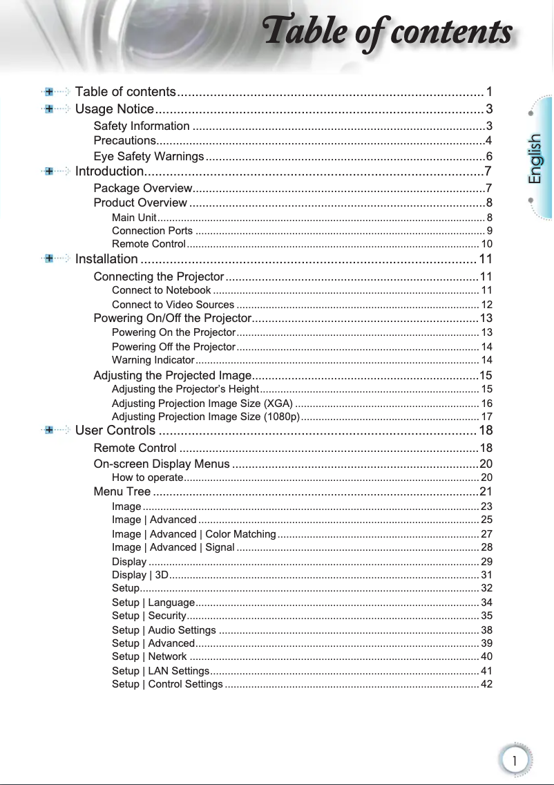 Page n°1 - Manuel utilisateur Optoma EH500
