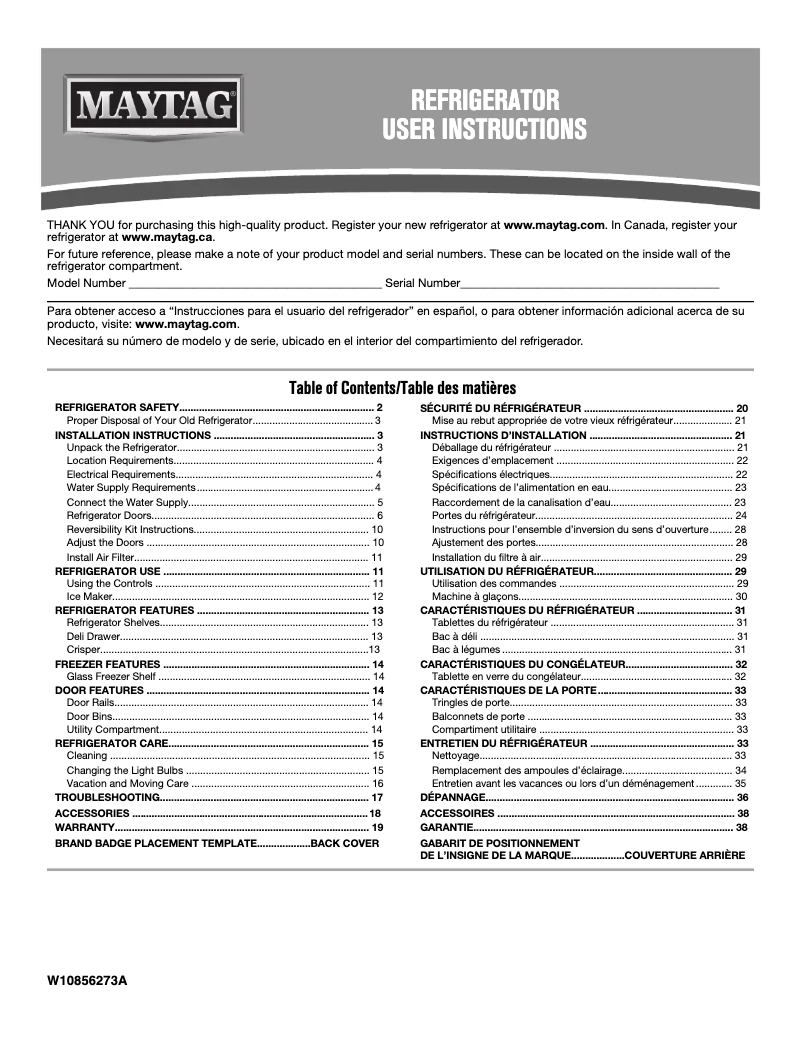 Page n°1 - Mode d'emploi Maytag MRT311FFFZ