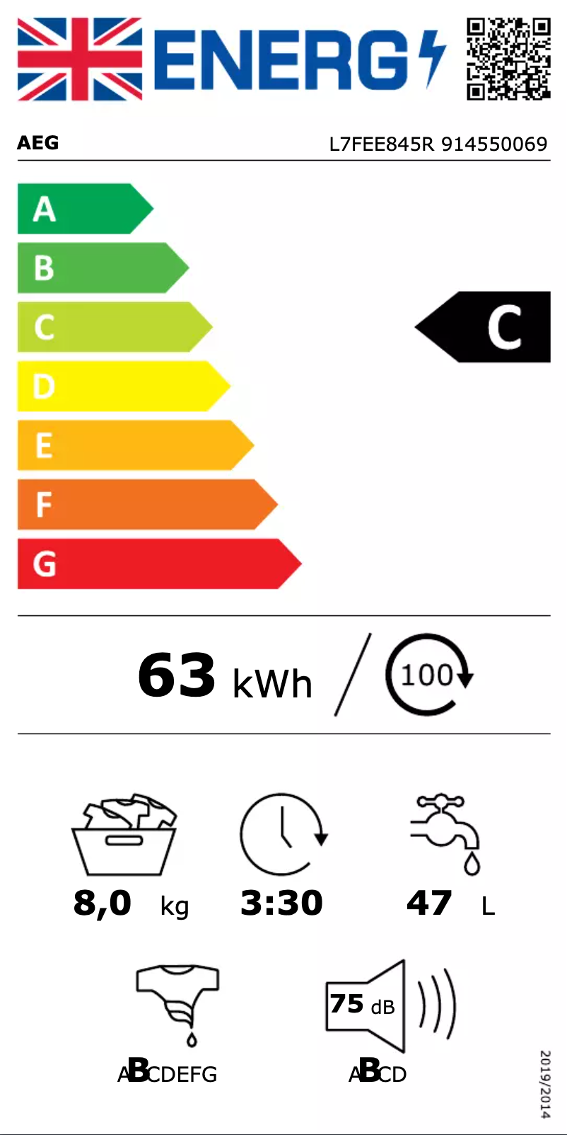 Page 1 de la notice Label énergétique AEG L7FEE845R
