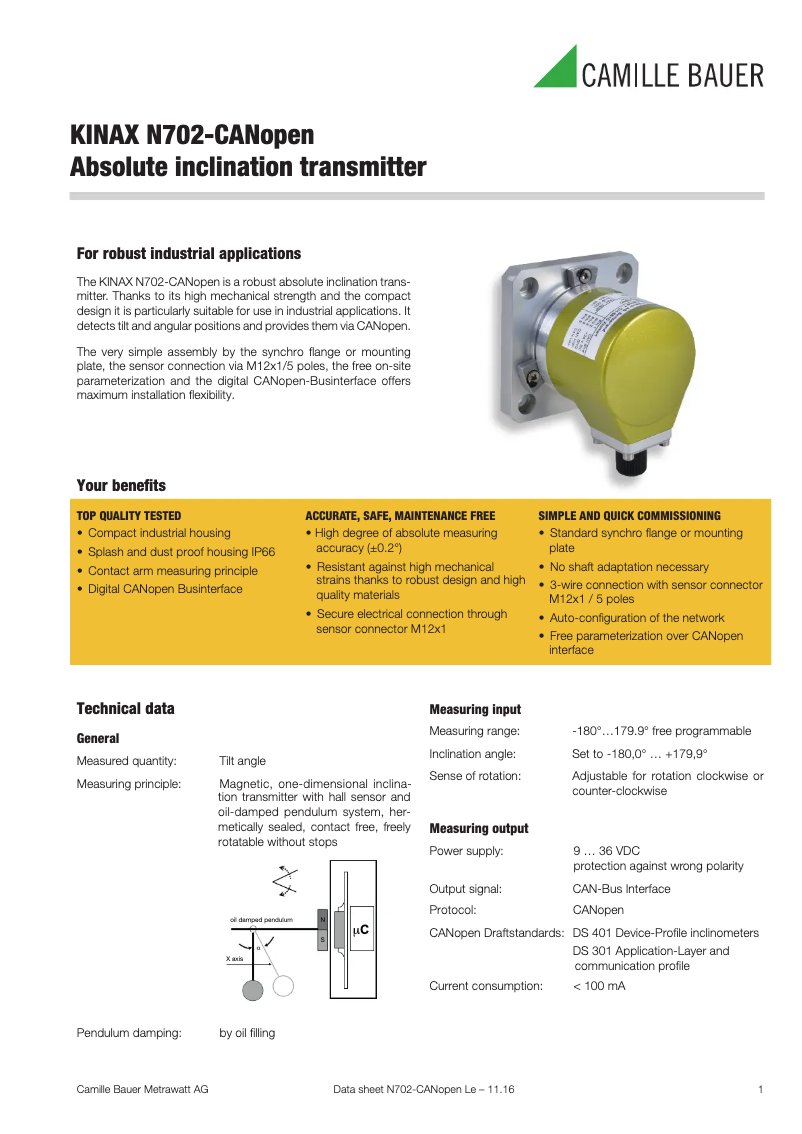 Page 1 de la notice Fiche technique Camille Bauer KINAX N702-CANopen