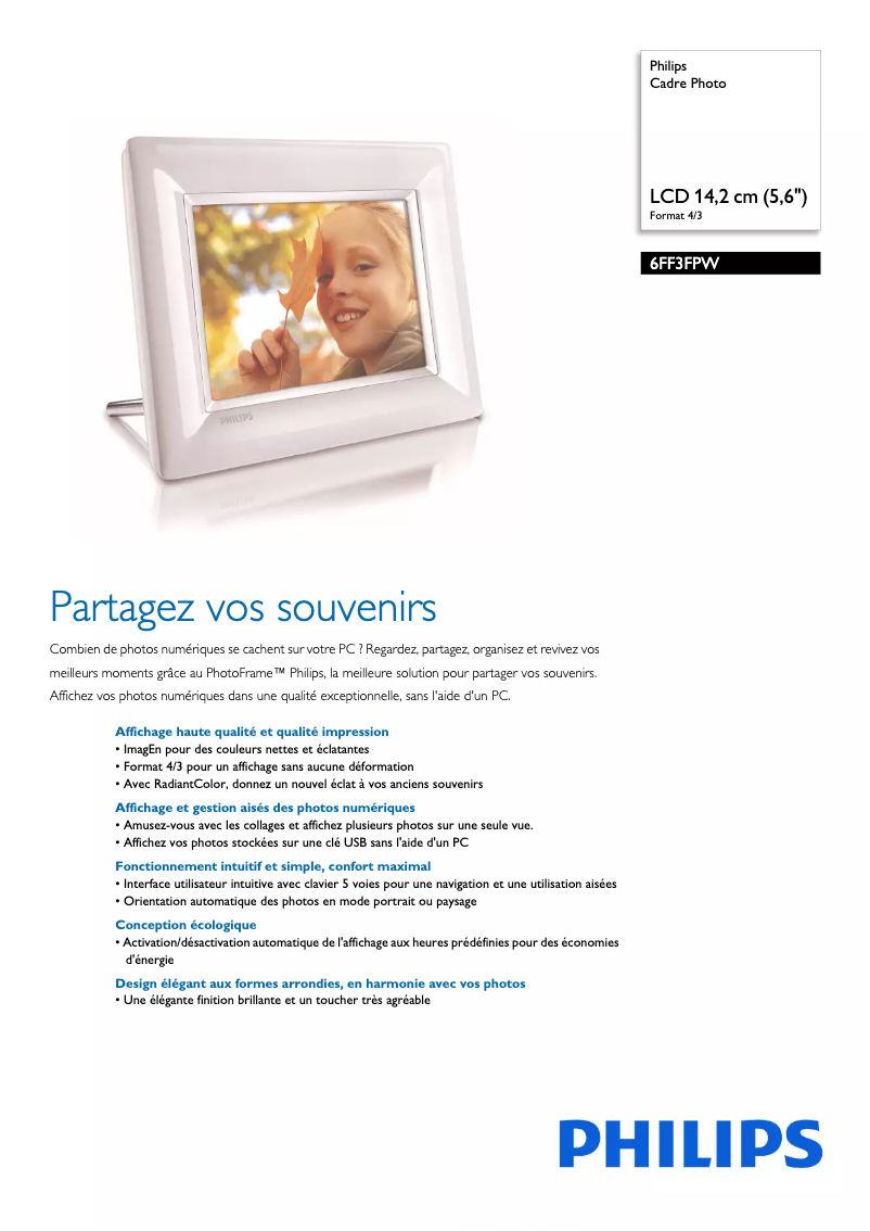 Page 1 de la notice Fiche technique Philips 6FF3FPW