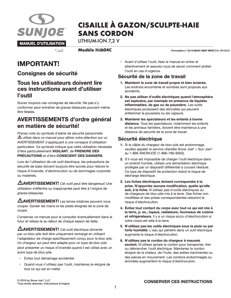 Page 1 de la notice Manuel utilisateur Sun Joe HJ604C-SJB