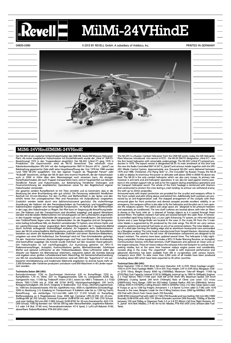 Page 1 de la notice Manuel utilisateur Revell Mil Mi-24V Hind E