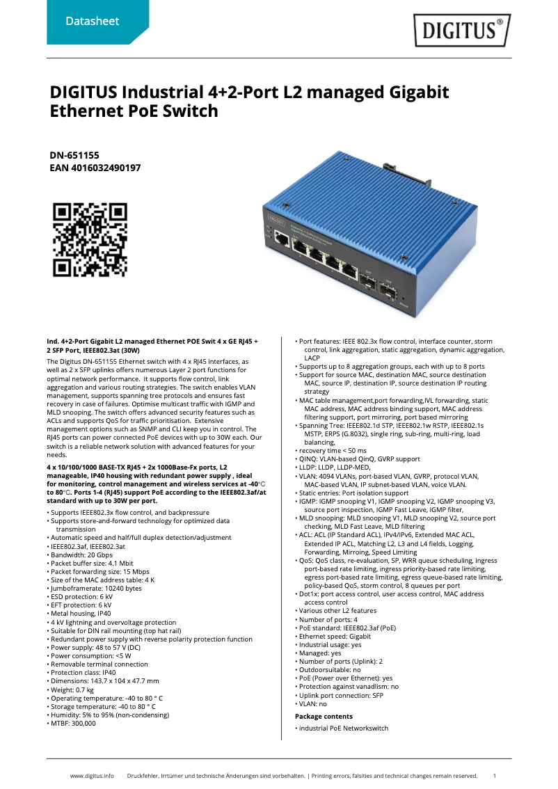Page 1 of the manual Technical Sheet Digitus DN-651155