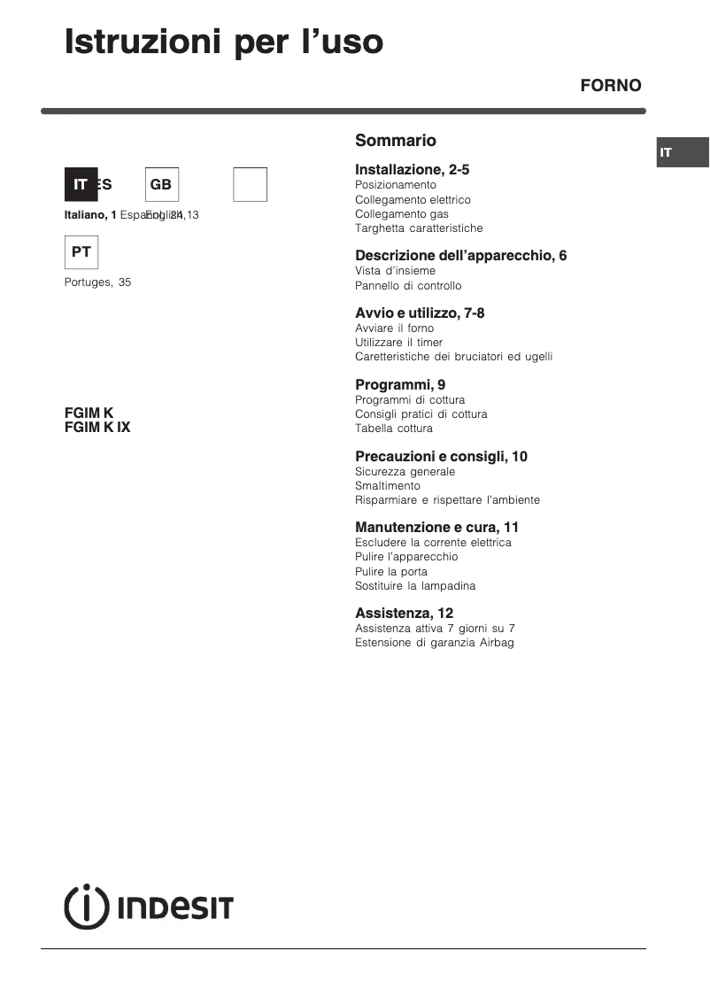 Page 1 de la notice Manuel utilisateur Indesit FGIM K IX