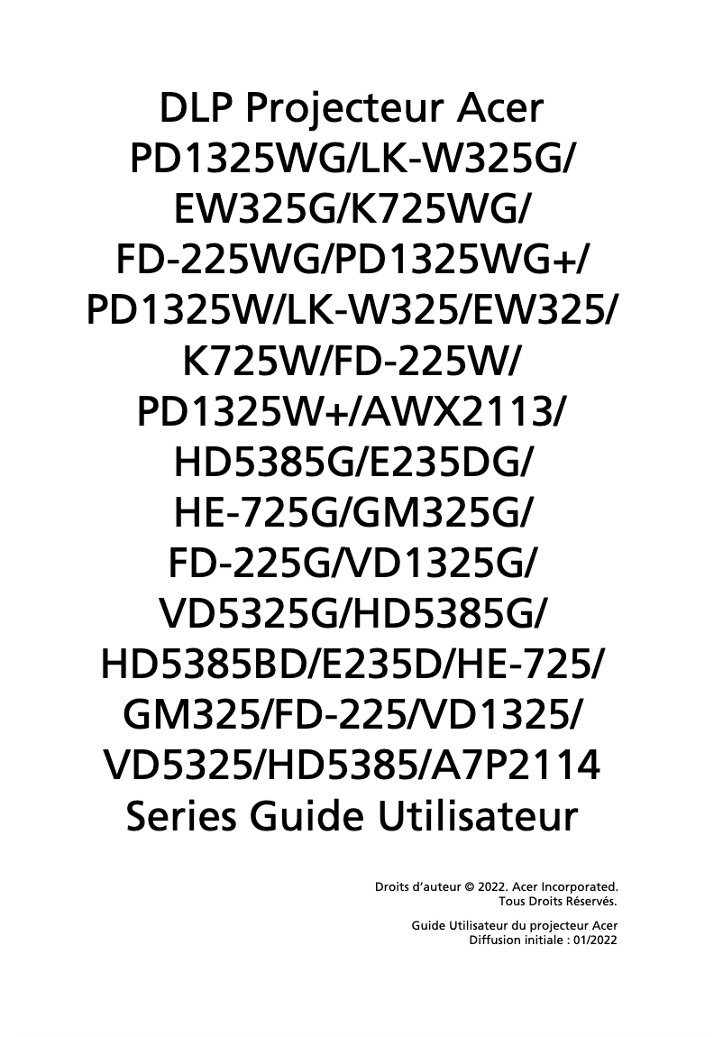 Page 1 de la notice Manuel utilisateur Acer PD2325W