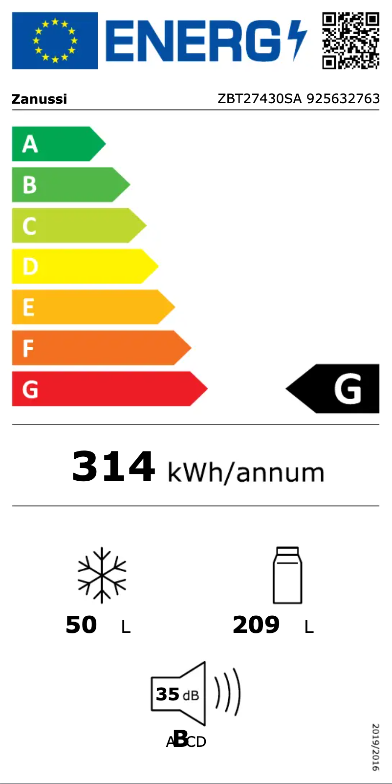 Page n°1 - Label énergétique Zanussi ZBT27430SA