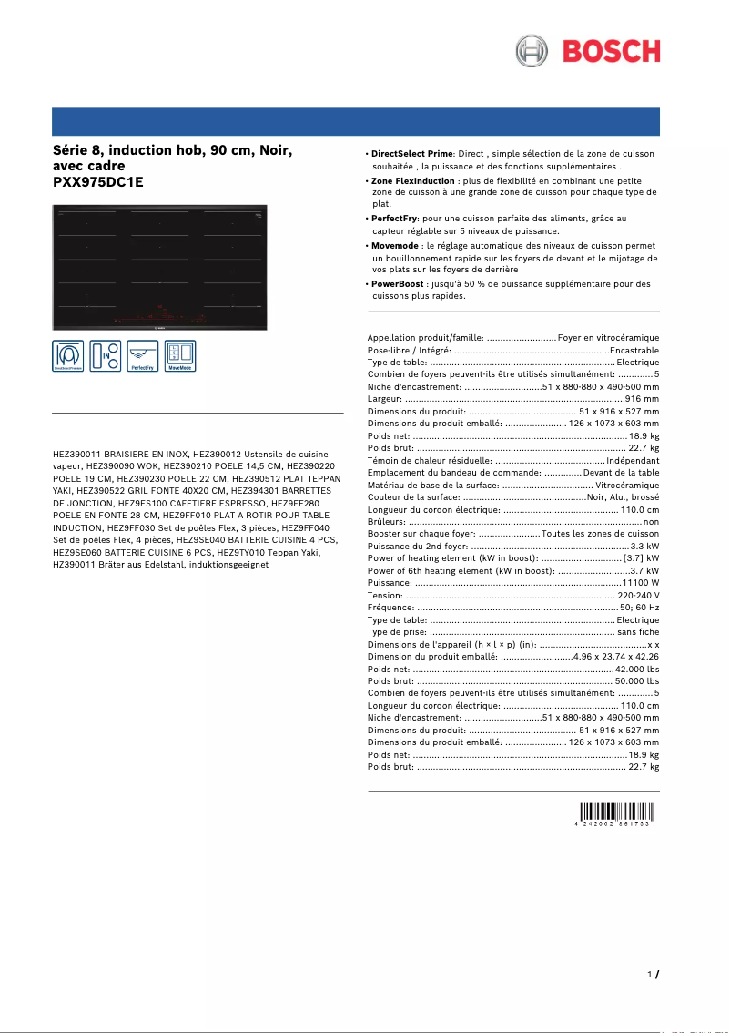 Page 1 de la notice Fiche technique Bosch PXX975DC1E