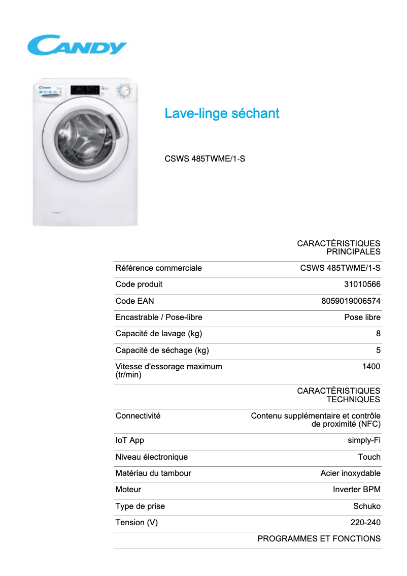 Page 1 de la notice Fiche technique Candy CSWS 485TWME/1-S
