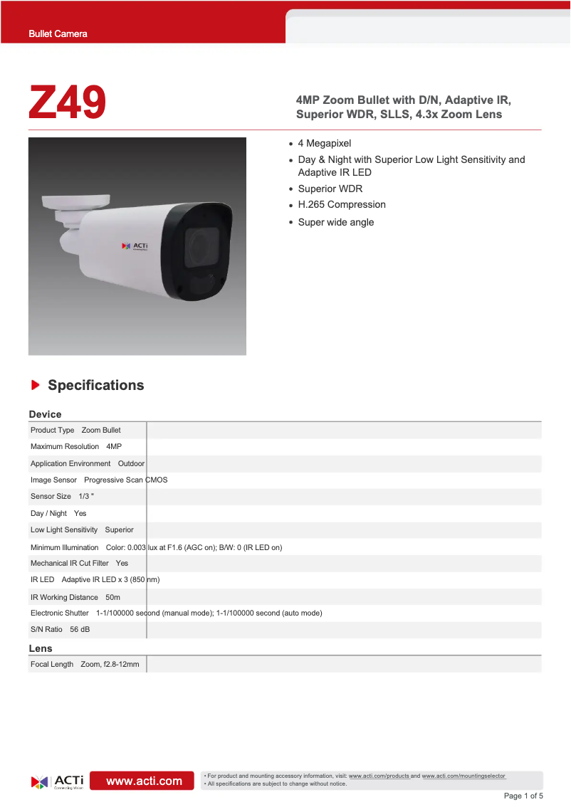 Page n°1 - Fiche technique ACTi Z49