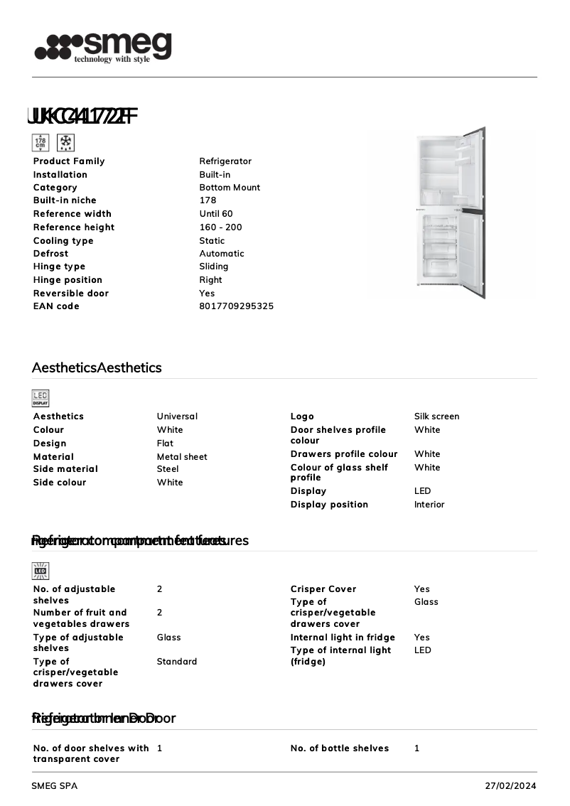 Page 1 de la notice Fiche technique Smeg UKC4172F