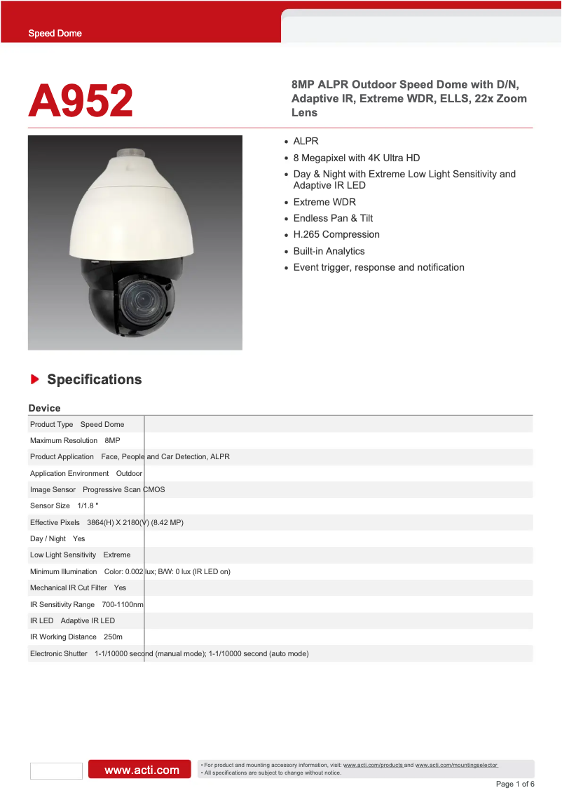 Page n°1 - Fiche technique ACTi A952