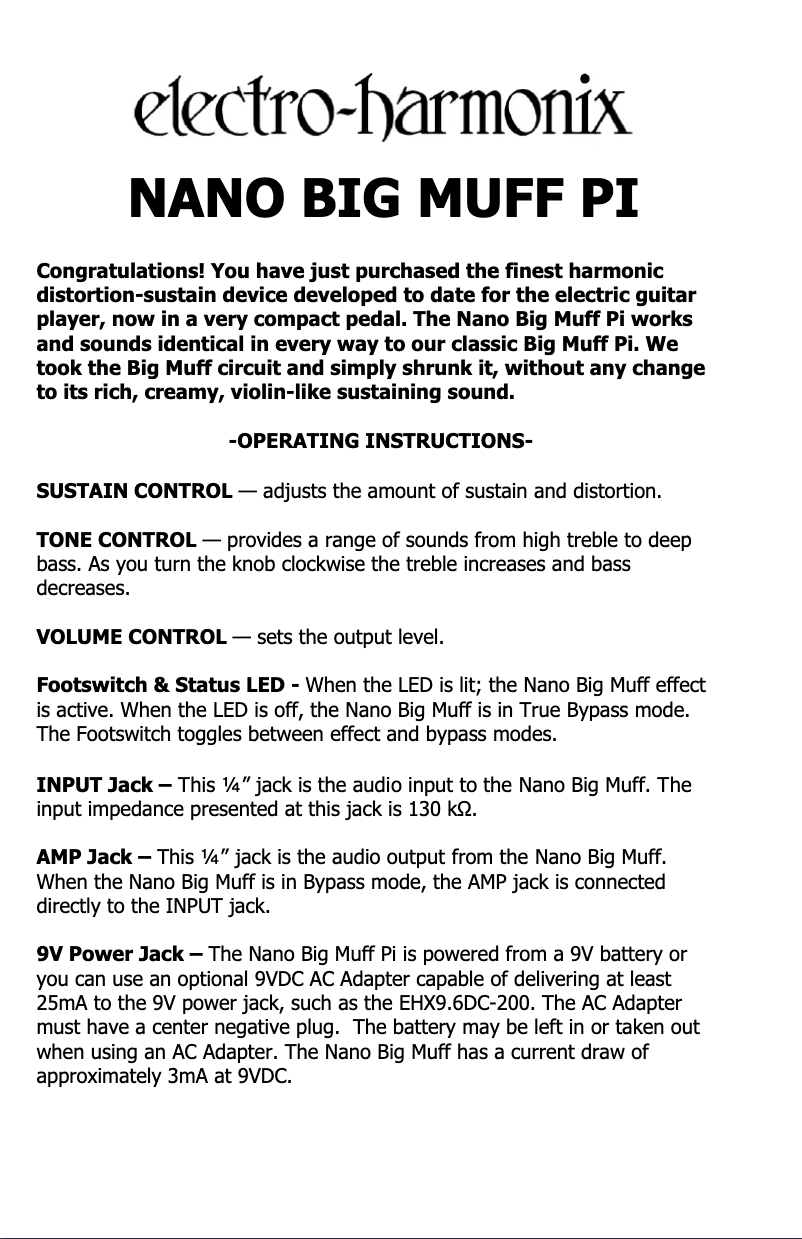 Page 1 de la notice Manuel utilisateur Electro Harmonix Nano Big Muff Pi