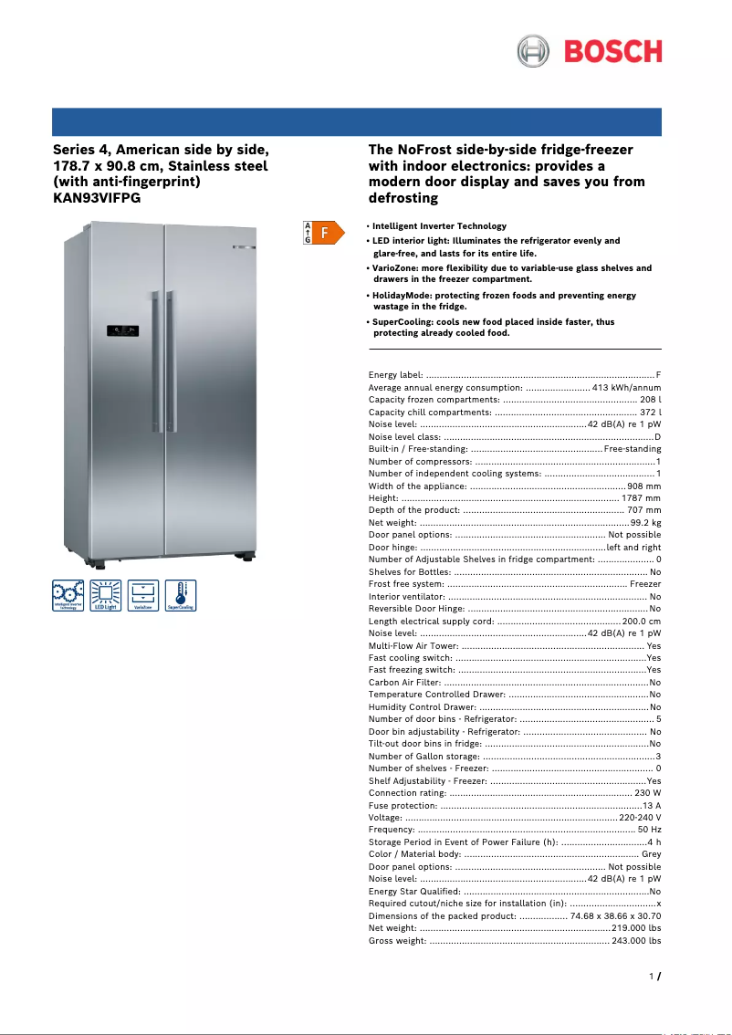 Page 1 of the manual Technical Sheet Bosch Serie 4 KAN93VIFPG