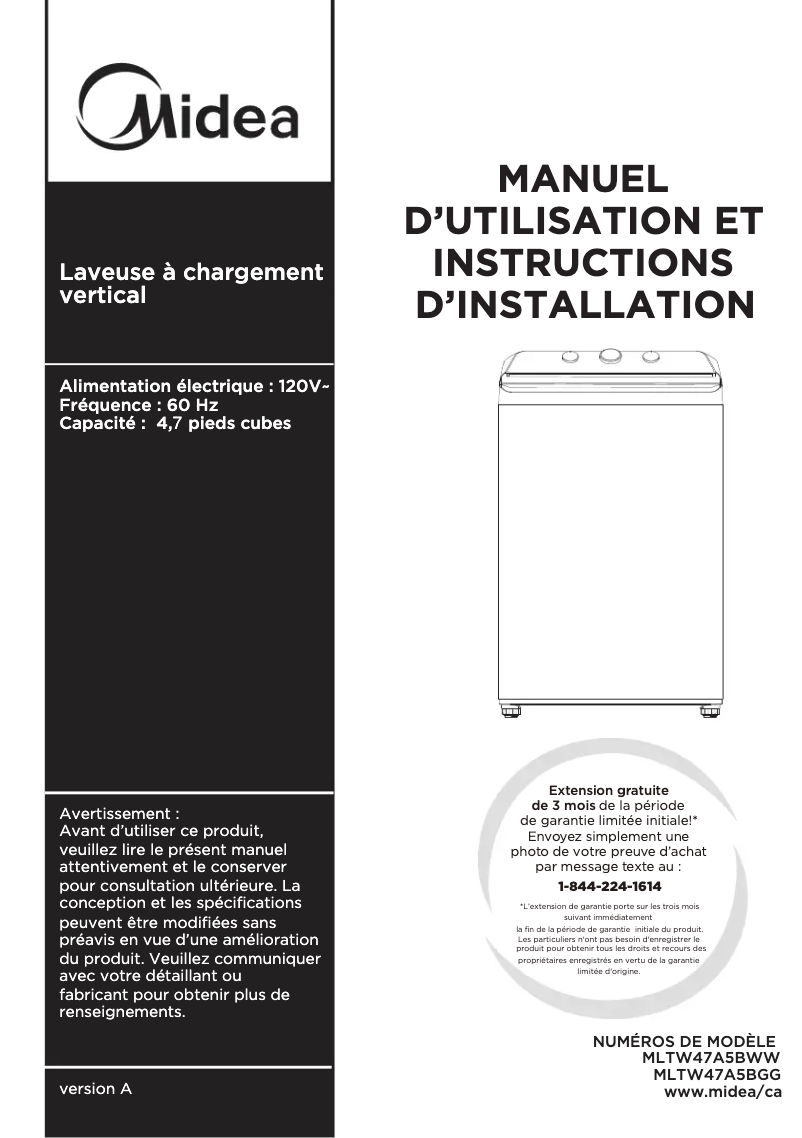 Page n°1 - Manuel utilisateur Midea MLTW47A5BWW