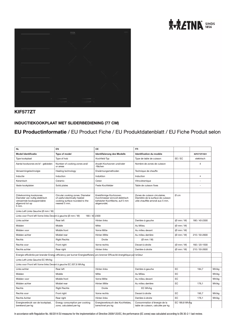 Page 1 de la notice Fiche technique Etna KIF577ZT