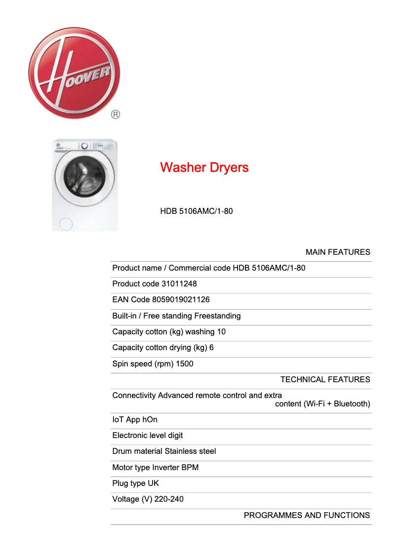Page 1 de la notice Fiche technique Hoover HDB 5106AMC/1-80