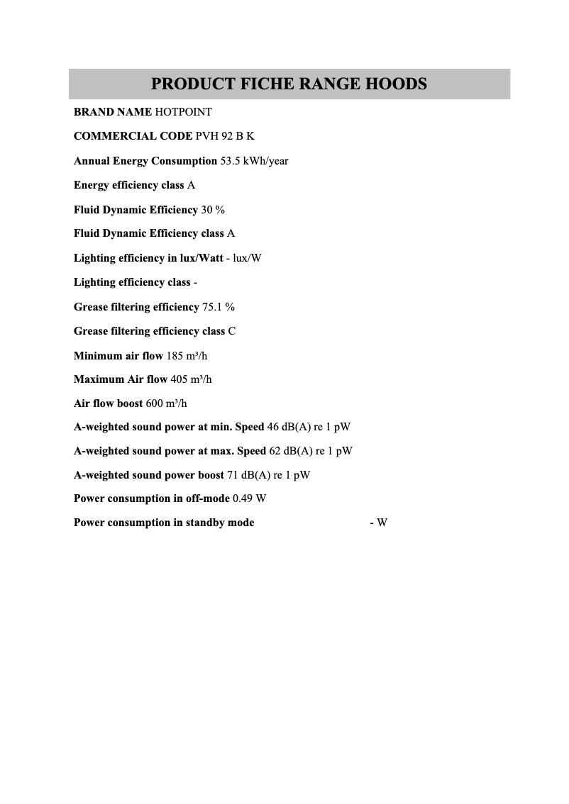 Page 1 de la notice Fiche technique Hotpoint PVH 92 B K